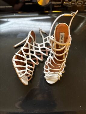 Steve Madden White Cage-Strap Stiletto Sandals